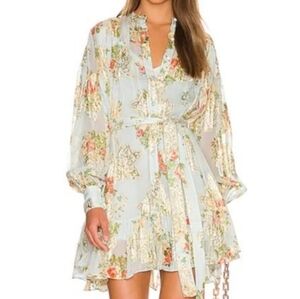 HEMANT & NANDITA Light Blue Floral Tiered Chiffon Mini Dress